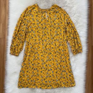 Old Navy Golden Mustard Yellow Blue Floral Long Sleeve Ruffle Neck Modest Dress